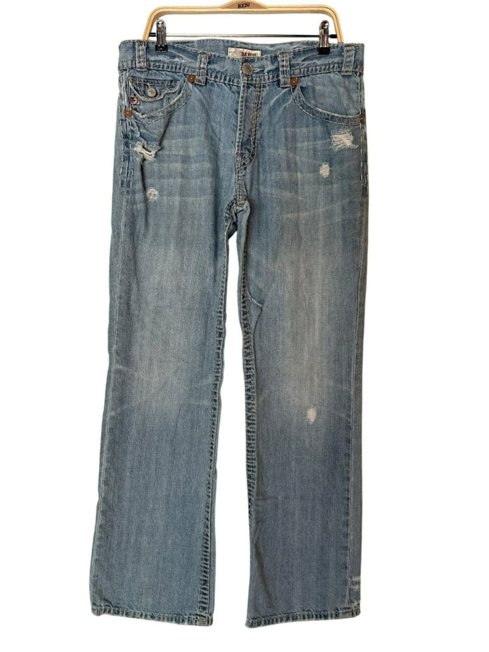 MEK Denim San Antonio Bootcut Jeans Distressed Light Wash Size 36x34